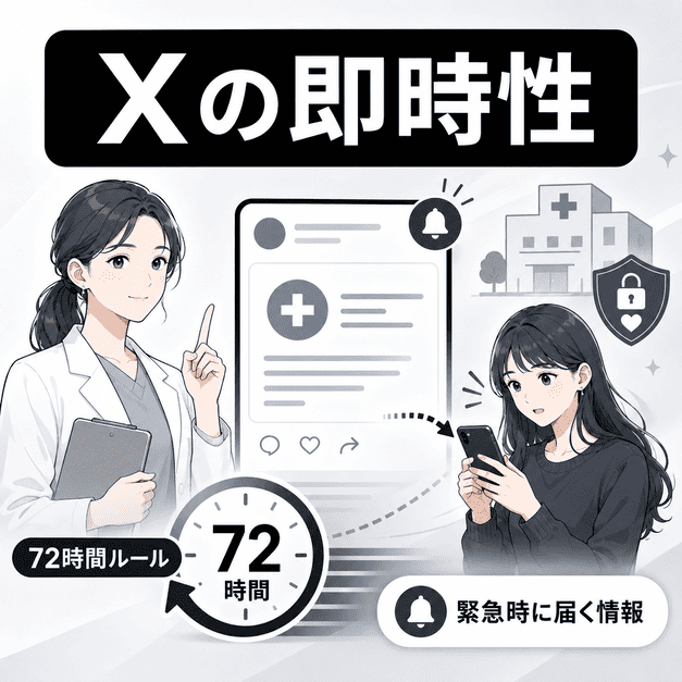 Xの即時性により緊急ピルや性病検査の情報が若年女性へすぐ届く様子を、時計・スマホ・女性医師で表したイラスト