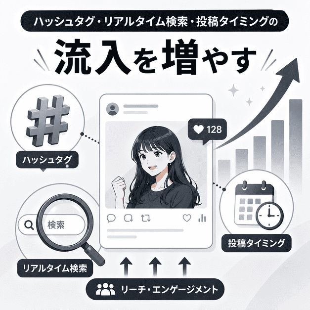 ハッシュタグ・リアルタイム検索・投稿タイミングで流入を増やす仕組みを、検索窓・時計・上昇グラフで表したイラスト