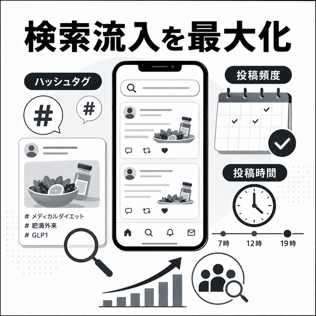 ハッシュタグや投稿頻度、配信タイミングを調整してXの検索流入を増やすイメージ