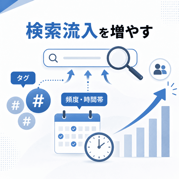 ハッシュタグ、投稿頻度、配信時間帯によってXの検索流入を増やす仕組みを表したイラスト