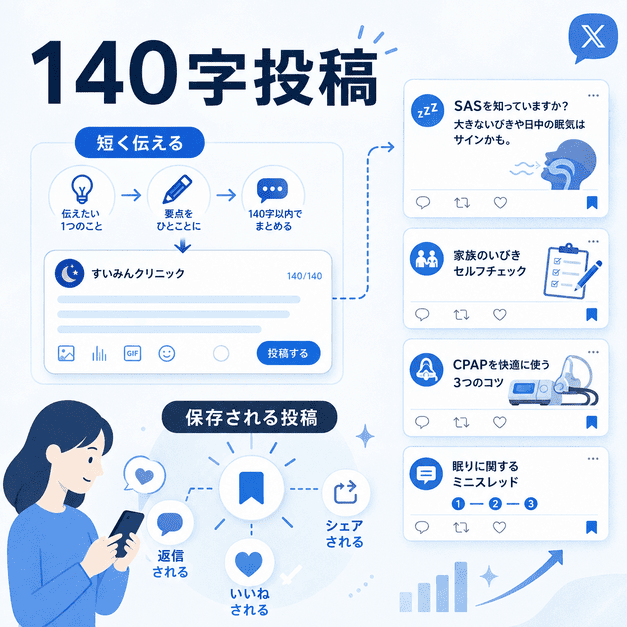 睡眠外来クリニックが140字投稿でSAS啓発や家族向けセルフチェックを短く伝えるイメージ