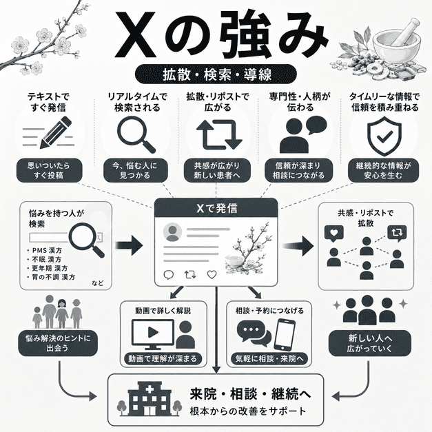 Xの検索性・拡散性・導線設計が漢方内科の集患につながる流れを示したイラスト