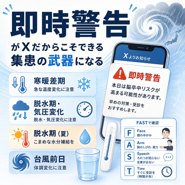 寒暖差・脱水・台風前日の即時警告をXで発信し脳卒中予防につなげるイラスト