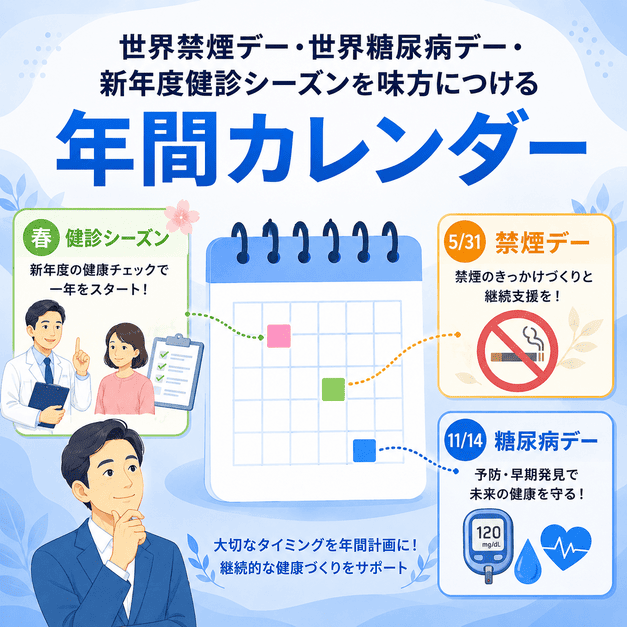 世界禁煙デー、世界糖尿病デー、新年度健診シーズンを年間計画に組み込むカレンダー型イラスト