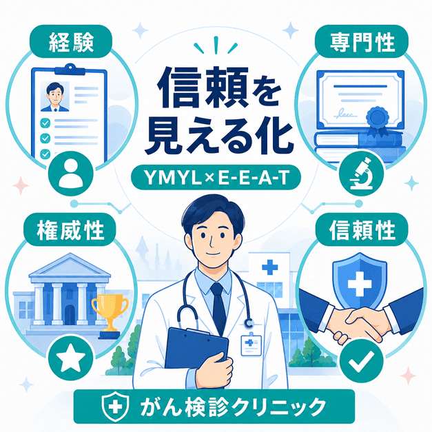 がん検診クリニックの経験・専門性・権威性・信頼性を可視化し、YMYL領域で信頼を高めることを示した図解