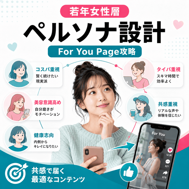若年女性層のペルソナ設計とFor You Page攻略を、スマホ利用者と複数の人物像で表したイラスト