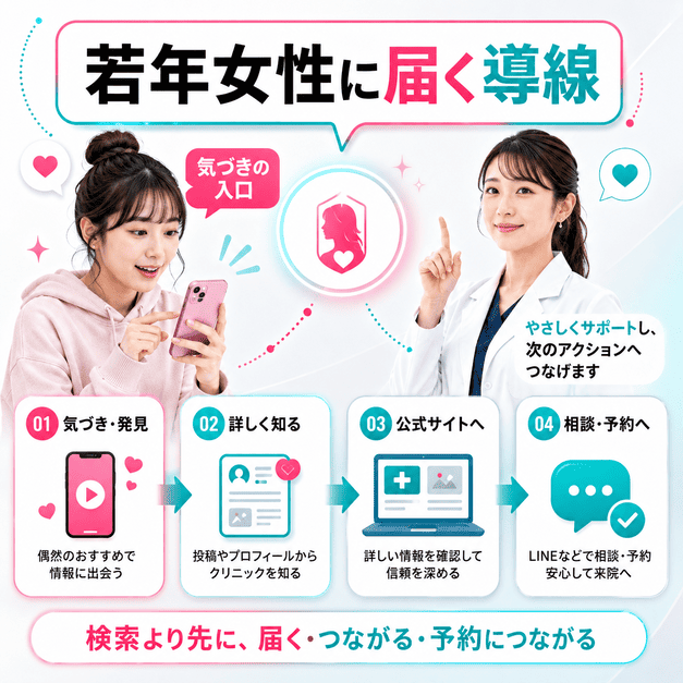 TikTokを気づきの入口として、若年女性が医療情報を知り相談や予約へ進む導線を表したイラスト