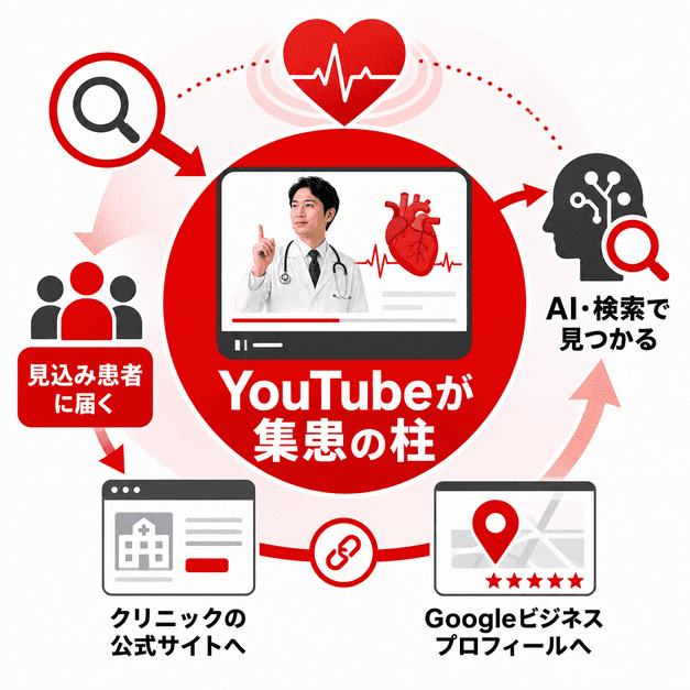 YouTube動画を中心に、検索やAI、公式サイト、Googleビジネスプロフィールへつながる循環器内科の集患導線を示したイラスト