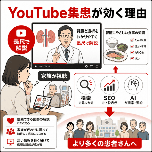 家族が腎臓病や透析についてYouTubeで学び、検索やAI経由でクリニックを見つける流れを示したイラスト