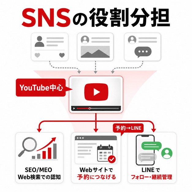 YouTubeを中心にSEOやWeb予約、LINE継続管理へつなげるデジタル集患導線を表したイラスト