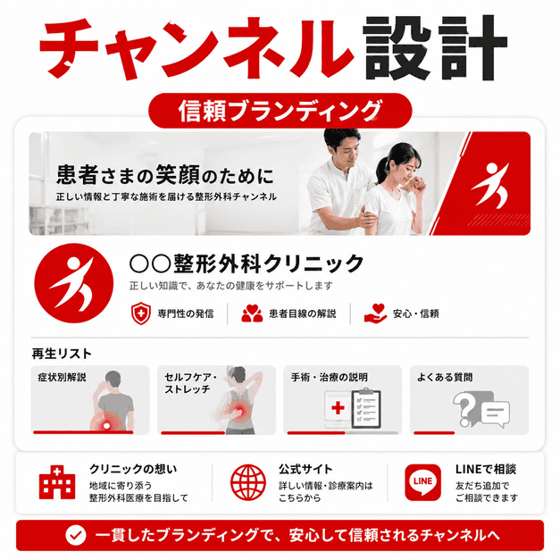 整形外科クリニックのYouTubeチャンネル設計や再生リスト整理で信頼感を高める様子を示したイラスト