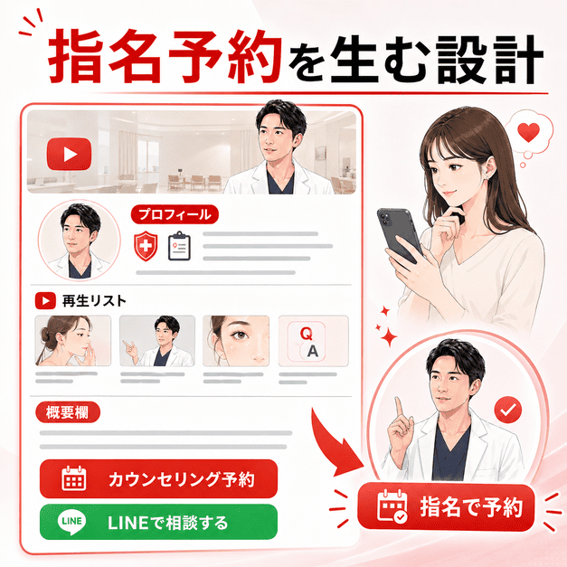 美容外科のYouTubeチャンネル設計や概要欄、再生リストが医師指名予約につながる様子を示したイラスト