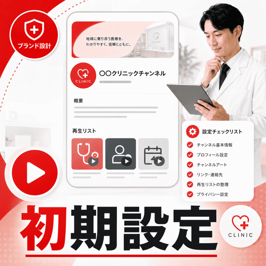 再生医療クリニックのYouTubeチャンネル初期設定として、チャンネル情報や再生リストを整える様子