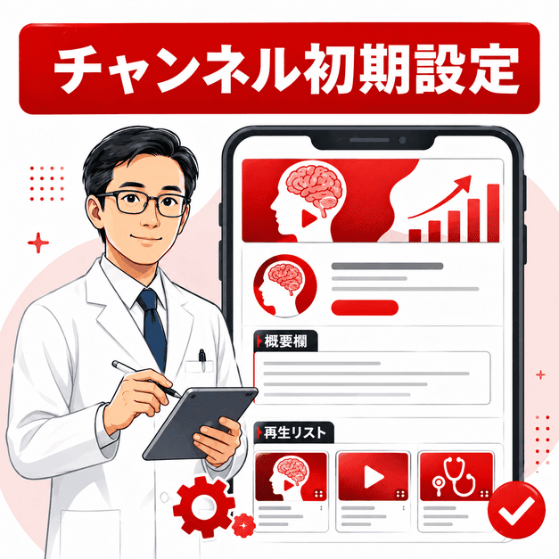 脳神経外科クリニックのYouTubeチャンネル初期設定や概要欄、再生リスト作成を示したイラスト
