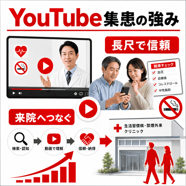 医師の解説動画を通じて生活習慣病や禁煙外来への信頼を高め、来院につなげる流れを示したイラスト