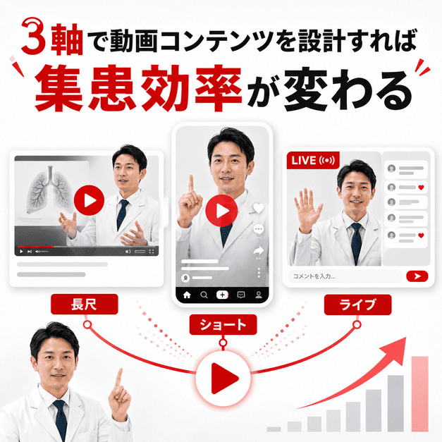 長尺動画、ショート動画、ライブ配信の3つを組み合わせて呼吸器内科の集患効率を高める構成を示したイラスト