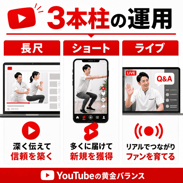 長尺動画・ショート動画・ライブ配信を組み合わせて整形外科YouTubeを運用する3本柱を示したイラスト