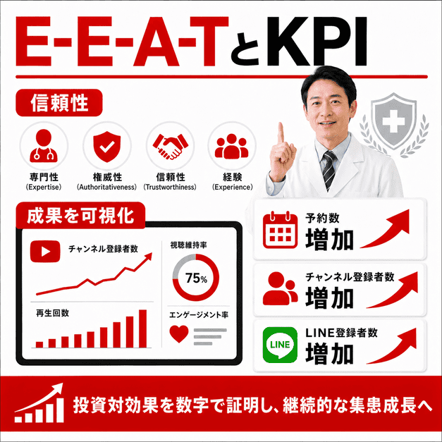 E-E-A-Tによる信頼性の訴求と、予約数や登録者数などのKPIを可視化するダッシュボードのイラスト