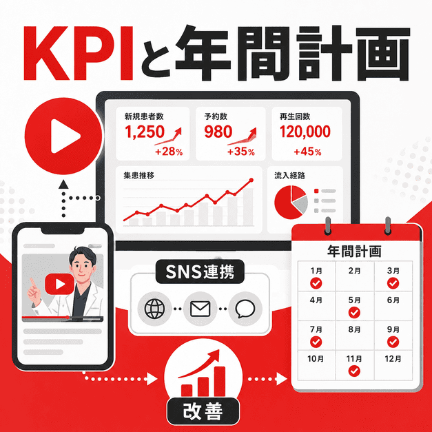 KPIダッシュボード、年間計画、SNS連携を使ってYouTube集患の成果を改善する流れを示したイラスト