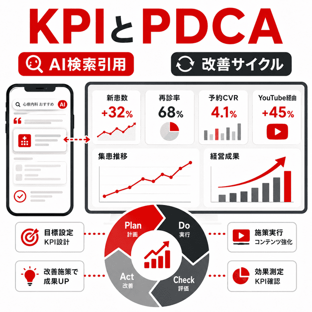 心療内科YouTube運用のKPIをダッシュボードで管理し、PDCAサイクルで改善する流れを示した図