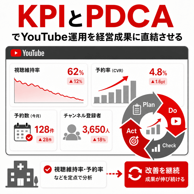 視聴維持率や予約率などのKPIを分析し、PDCAでYouTube運用を改善するダッシュボードのイラスト