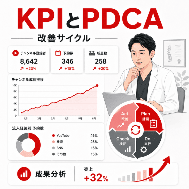 KPIダッシュボードとPDCAサイクルでYouTube集患の成果を分析・改善する様子を示すイラスト
