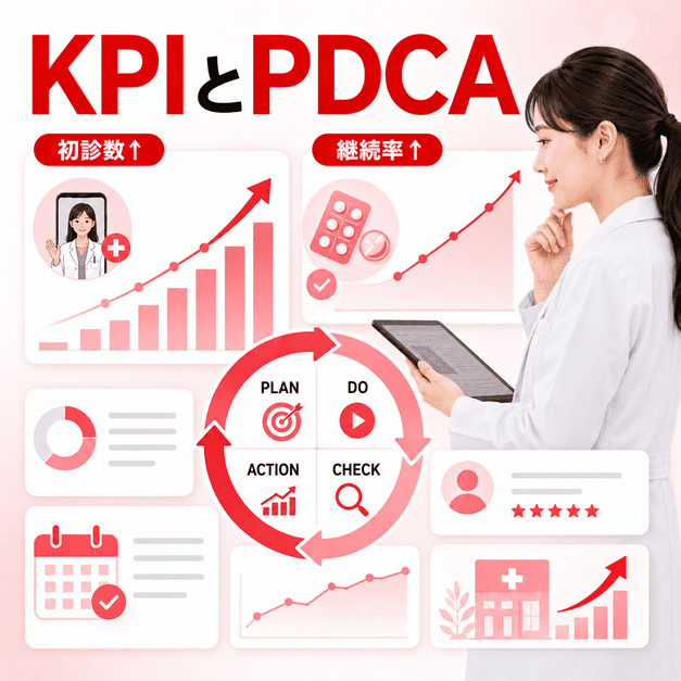 オンライン診療初診数や低用量ピル継続率をKPIで管理し、PDCAサイクルで改善するダッシュボードの図
