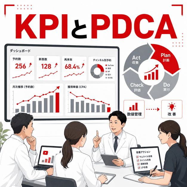 健診クリニックのYouTube運用成果をKPIダッシュボードとPDCAサイクルで管理・改善する様子を表したイラスト