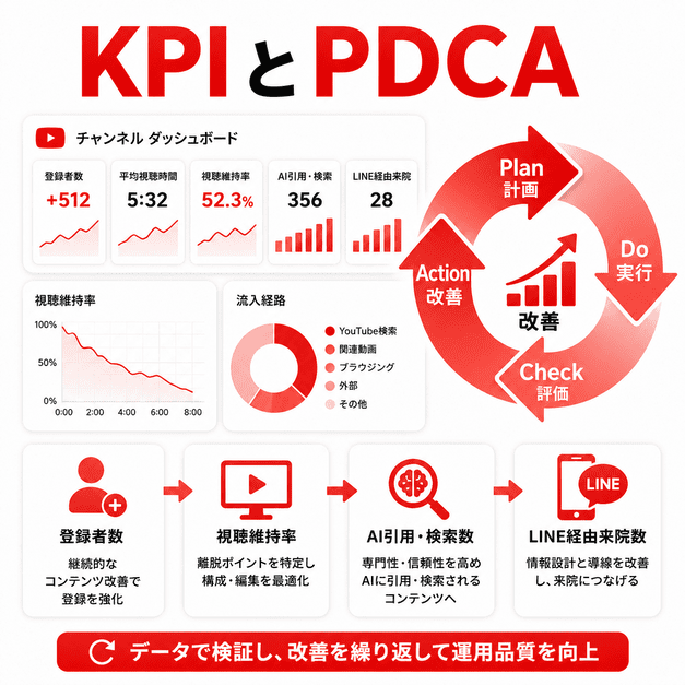 YouTube運用のKPIダッシュボードとPDCAサイクルで改善を続ける様子を示したイラスト