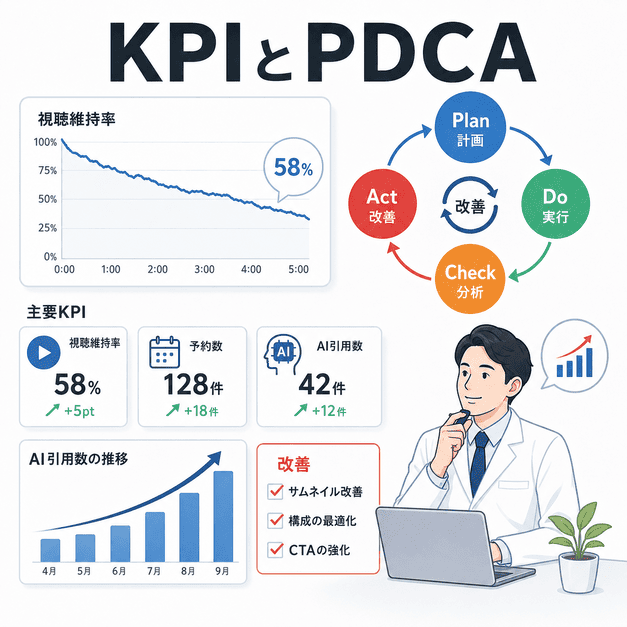 視聴維持率、予約数、AI引用数などのKPIを確認し、PDCAでYouTube運用を改善するダッシュボードのイラスト