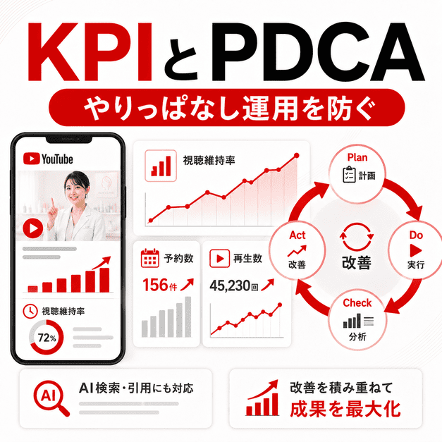 美容皮膚科YouTube運用の視聴維持率、予約数、再生数をKPIで確認しPDCA改善するダッシュボード