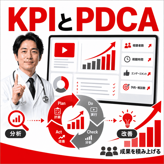 YouTube運用の独自KPIをダッシュボードで分析し、PDCAサイクルで改善する流れを示したイラスト