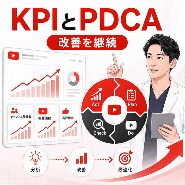 YouTube運用のKPIをダッシュボードで確認し、PDCAサイクルで継続改善する流れを示したイラスト