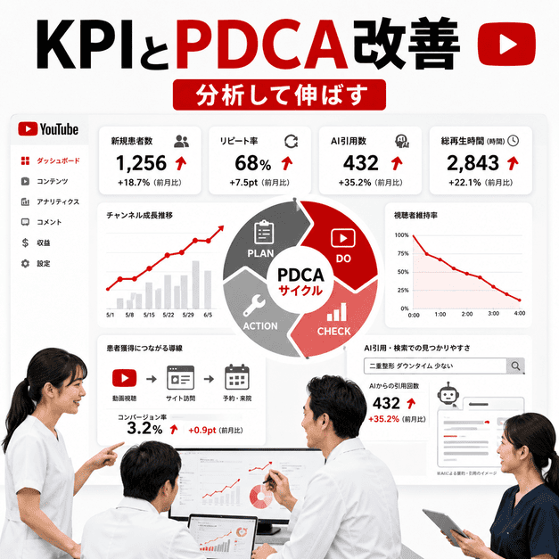 形成外科YouTube運用の独自KPIとPDCAサイクルによる改善を示すダッシュボード風イラスト