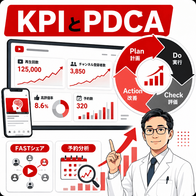 FAST啓発動画のシェア数や脳ドック予約数をKPIとして分析し、PDCAで改善する流れを示したイラスト