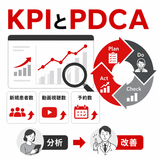 視聴数・予約数・新規患者数などのKPIを分析し、PDCAでYouTube集患効果を改善する流れを表した図解