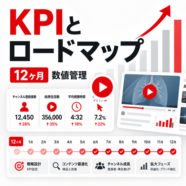 KPI指標、成長グラフ、12ヶ月ロードマップを使ってYouTubeチャンネルを数字で育てる流れを示したイラスト