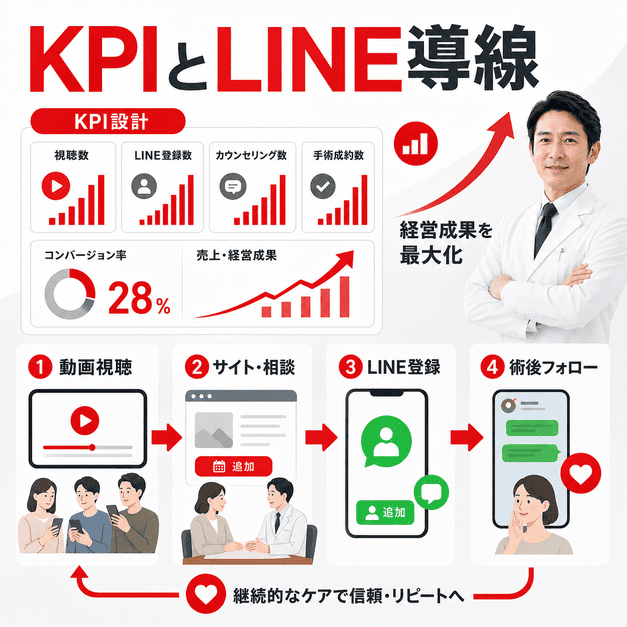 YouTube視聴からサイト相談、LINE登録、術後フォローまでの導線とKPI管理を示したイラスト