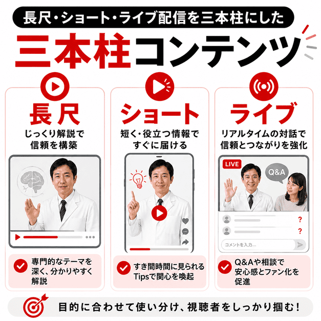 脳神経内科のYouTube運用で、長尺動画・ショート動画・ライブ配信を三本柱として使い分ける構成を示したイラスト