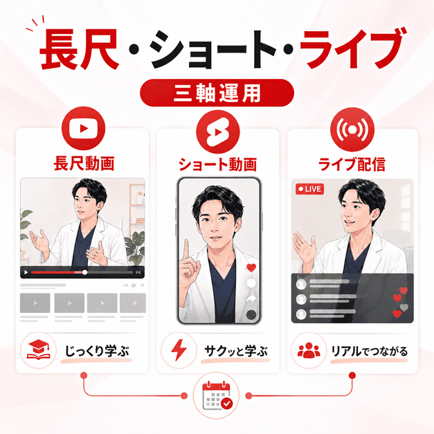 長尺動画、ショート動画、ライブ配信の三軸で美容外科のYouTubeコンテンツを運用するイラスト