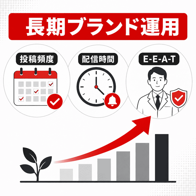 投稿頻度・配信時間・E-E-A-Tを意識して、肛門外科クリニックのYouTubeブランドを長期的に育てる様子を表したイラスト