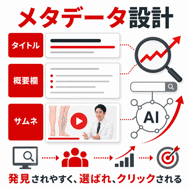 YouTube動画のタイトル・概要欄・サムネイルを設計し、SEOやAI検索からの発見につなげる流れを示したイラスト