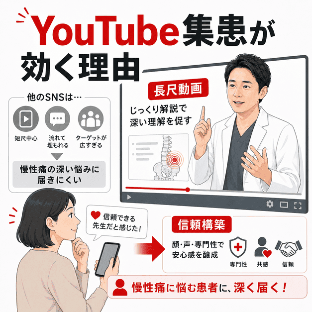 医師の長尺動画が慢性痛患者の深い悩みに届き、信頼構築につながることを示すイラスト