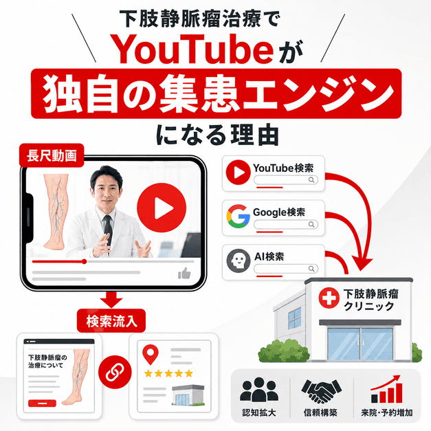 YouTube検索・Google検索・AI検索から下肢静脈瘤クリニックへ患者が流入する仕組みを示したイラスト