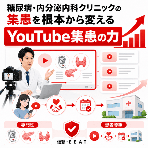糖尿病・内分泌内科クリニックがYouTubeで専門性を発信し、患者導線を作る様子を示したイラスト
