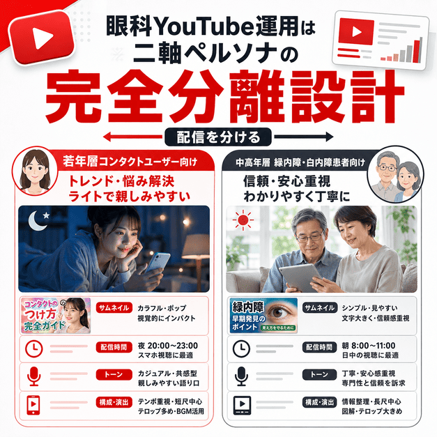 若年層向けと中高年向けで配信時間やサムネイル、動画トーンを分ける眼科YouTube運用の分離設計イラスト