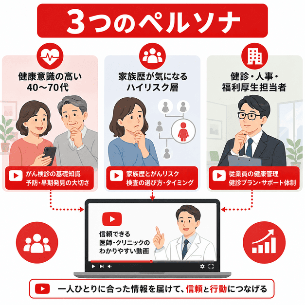 健康意識層、家族歴が気になる層、法人健診担当者の3つのペルソナに向けた動画配信を表すイラスト