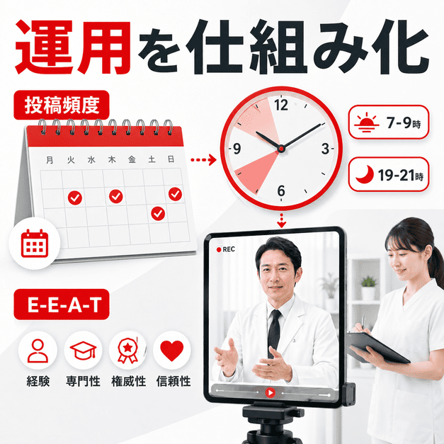 投稿頻度・公開時間帯・院長のE-E-A-T訴求をカレンダーや撮影画面で仕組み化する様子を示したイラスト