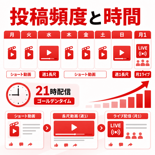 YouTubeの投稿頻度、配信時間、ライブ配信予定をカレンダーとグラフで示したイラスト
