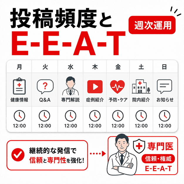 投稿頻度、配信タイミング、専門医のE-E-A-T訴求をカレンダー形式で示したイラスト
